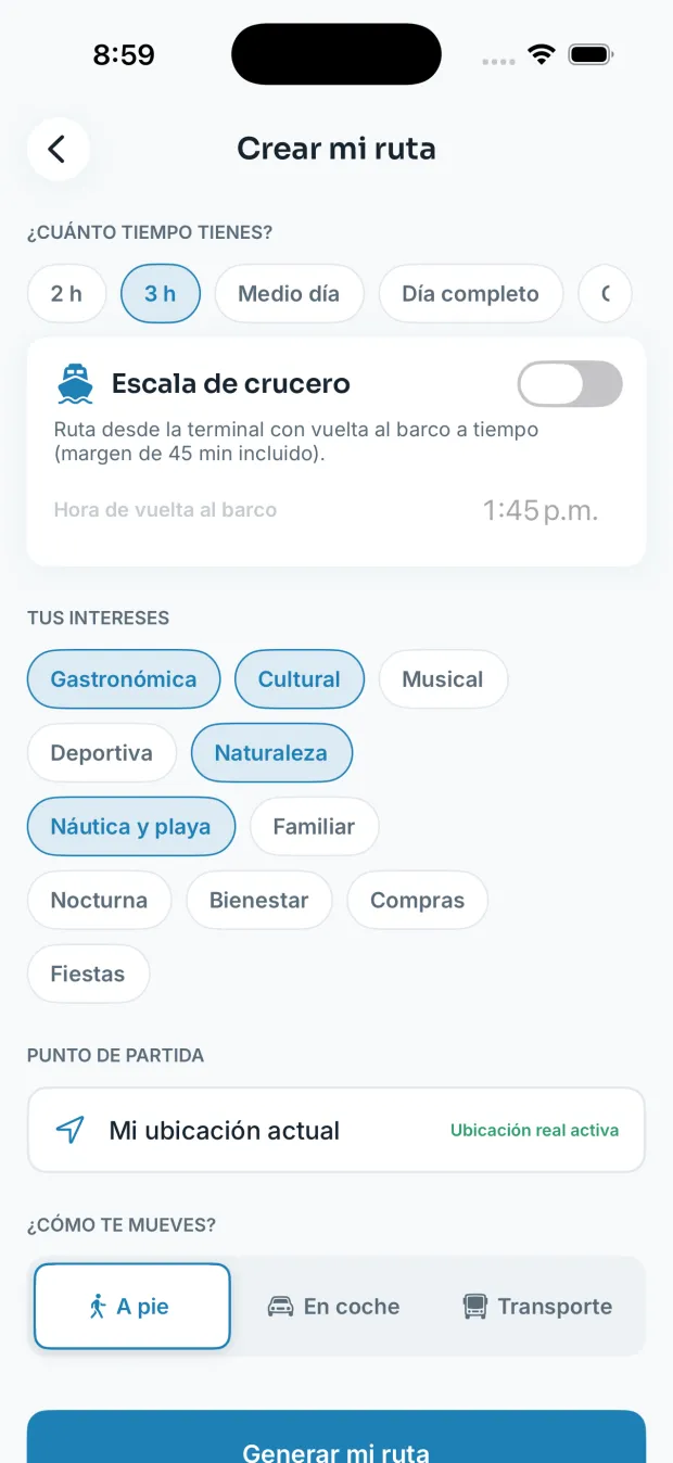 Pantalla Crear mi ruta: selector de 2 h, 3 h, medio día o día completo, interruptor de escala de crucero, intereses y modo de transporte.