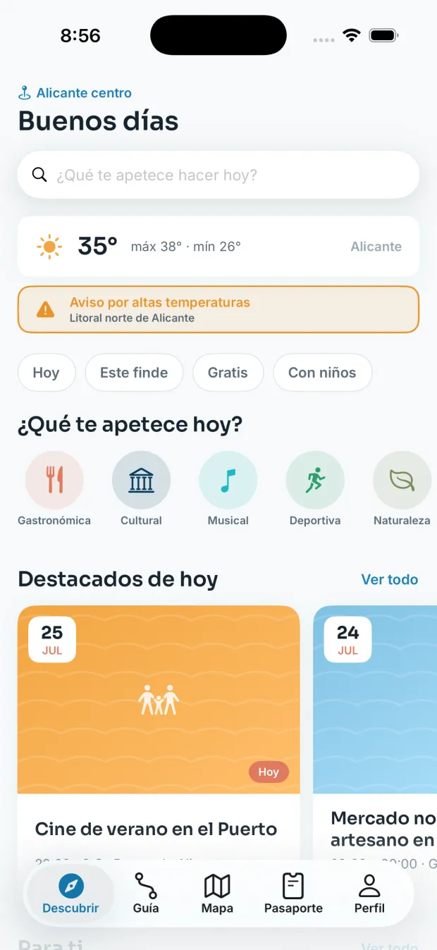 Pantalla Descubrir de la app: temperatura de Alicante, aviso por altas temperaturas, filtros de hoy y fin de semana, categorías y eventos destacados del día.
