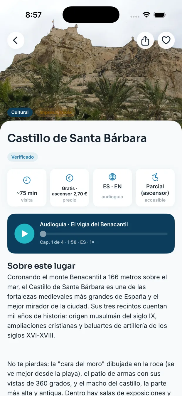 Ficha del Castillo de Santa Bárbara con foto, duración de la visita, precio, idiomas de la audioguía, reproductor y texto sobre el lugar.