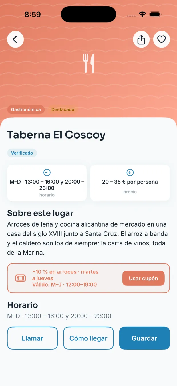 Ficha de la Taberna El Coscoy en la app: sello de verificado, horario, precio medio y cupón de −10 % en arroces válido de martes a jueves de 12:00 a 19:00.