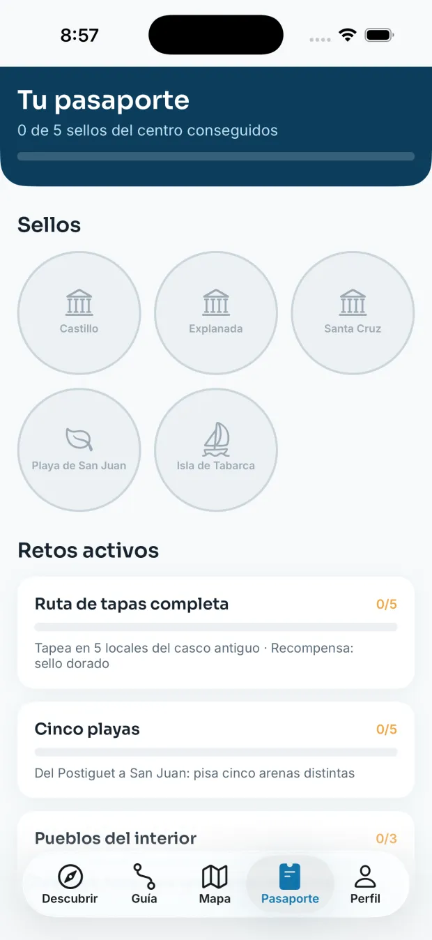 Pantalla Pasaporte con la cuadrícula de sellos del centro y la lista de retos activos con su progreso.